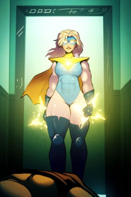 A digital drawing of Blonde Blazer from the game Dispatch entering a hallway, illuminating it from her energy projection powers. He hands, amulet, and eyes glow a bright golden color.