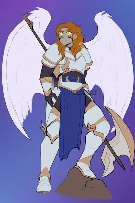 A digital drawing of a tall winged woman with gray skin and ginger hair. She stands clad in silver and dull gold armor decorated with a deep blue waist cloth. In her hand she holds a large halberd.