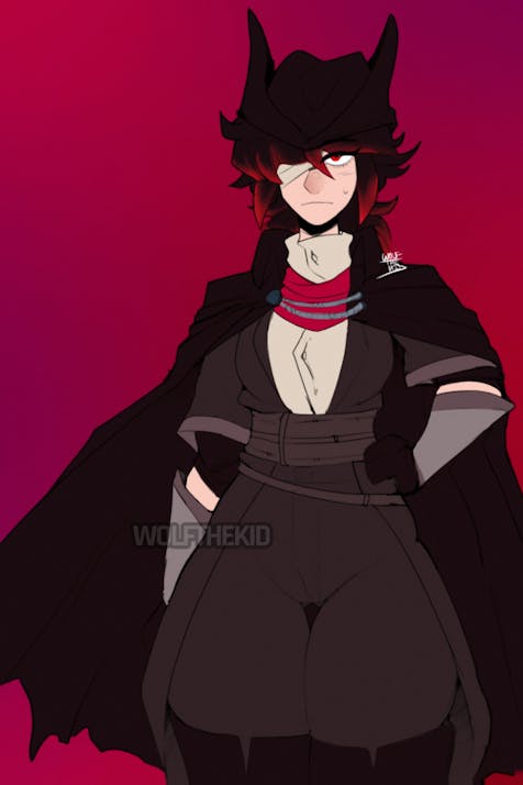 A digital drawing of my character Vesper, a woman with dark hair with red highlights. One of her eyes is bandaged up. She wears bloodborne inspired clothes, and stands with one hand on her hip.