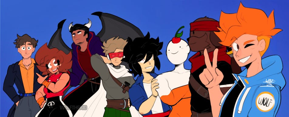 A digital drawing of 8 of my OCs, the Defenders, against a blue background. Most smile, some look at the viewer while others look at each other. 