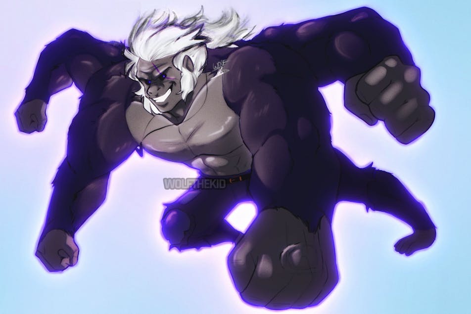 A digital drawing of a large man with four arms and gorilla-like features. He has dark fur and gray skin, with torn jeans. His long slicked back hair is also lit aflame.