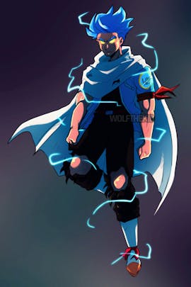 A digital drawing of my character Wolf from an alternate future. Over his normal light blue coat and shirt and pants is a tattered white cloak. A red bandana is also tied to his arm.