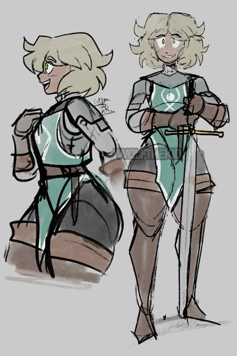 A digital drawing featuring 2 sketches of my DnD OC Avelyn Redmane. 