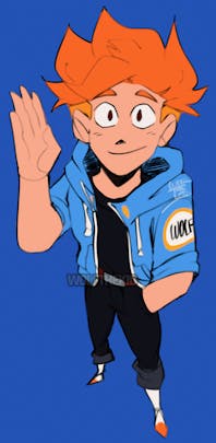 A digital drawing of my OC Wolf, a young man with orange hair who wears a light blue zip-up jacket over black clothing and bright white boots.