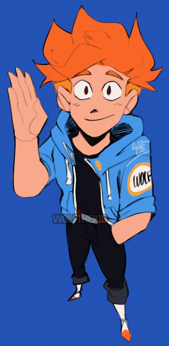 A digital drawing of my OC Wolf, a young man with orange hair who wears a light blue zip-up jacket over black clothing and bright white boots.