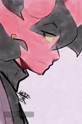 A digital doodle of my OC Asuna, an Oni with short thick horns, red skin, and black hair. She looks off to the side with a passive expression.