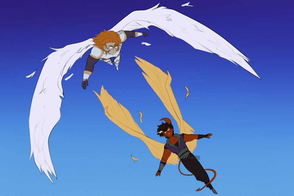 A digital drawing of two characters, an armor clad Goliath woman with ginger hair and angel wings and a tiefling with golden angel wings and dark colored clothes, fly together in the air.