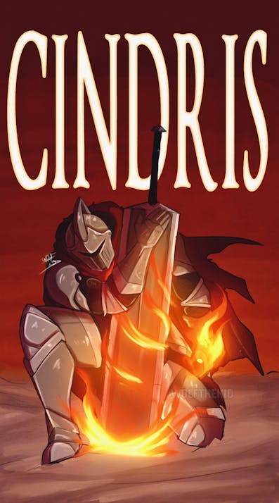 A digital drawing of a knight adorned in red fabric and dark metal kneels on an ashy ground, with his hand resting on a fire coated great sword buried within the earth. 