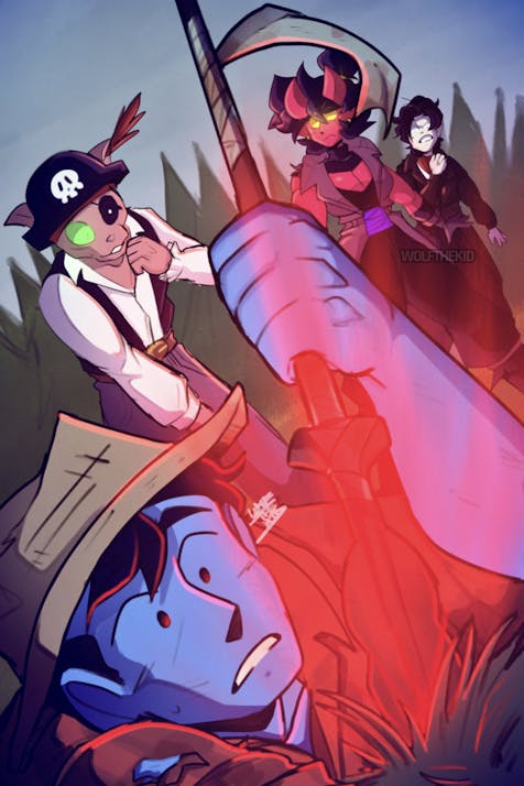 A digital drawing of 4 characters. In the foreground a farmer man stabs a bloodied spear into the ground, which emits a red light. A tabaxi man, an Oni woman, and a dhampir man watch on with concern.