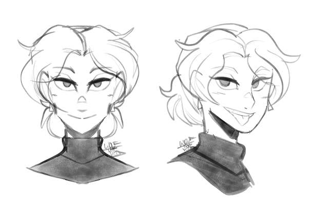 A black and white digital sketch of two different headshots of the same woman, the first is forward facing and the 2nd is 3/4 view. She has a low bun.