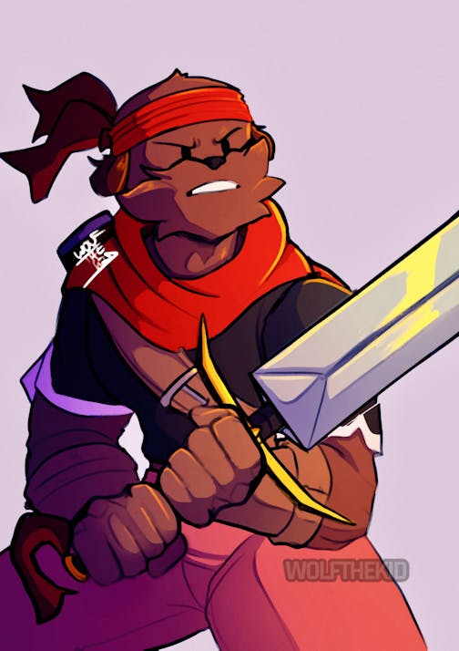 A digital drawing of my OC Sean Price, a tall brown dog-like man with a red bandana tied around his head. He also wears a red scarf over a dark top and salmon colored pants. He tightly holds a sword.