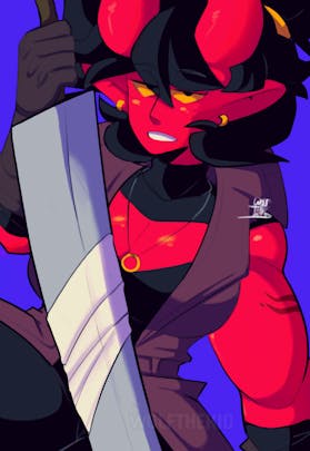 A digital drawing of my red oni OC Asuna. She has black hair tied up into a bun and thick red horns. Asuna sits, holding a blade in her hand.