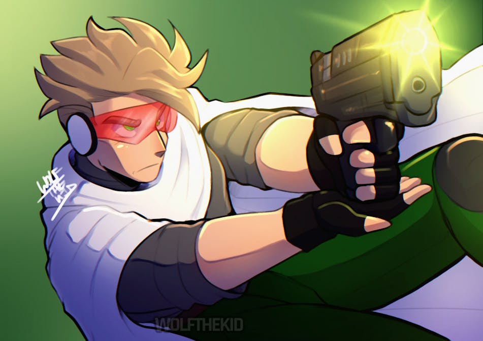 A digital drawing of a young man with dirty blonde hair and a red visor holding a pistol that charges up with golden magical energy. 