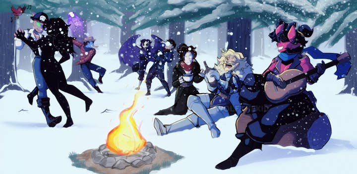 A digital drawing of several characters near a campfire in a snowy forest. 