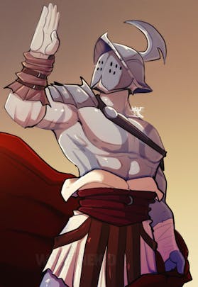 A digital drawing of a Goliath character in gladiatorial armor, with fabrics of red and white. He has slightly darker gray markings on his chest and arms. The character waves while holding a red cloak