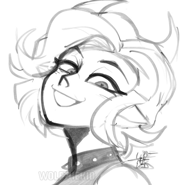 A black and white digital sketch of a character with short horns and wavy neck length hair. She looks over with a devious smile.