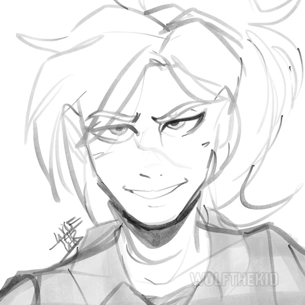 A digital black and white sketch of a strong looking woman with a ponytail, flannel, and a scar across her face. She gives a confident smirk.