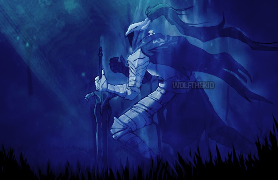 A digital drawing of Artorias the Abysswalker from Dark Souls. He stands in a field during the night, gripping his greatsword that is embedded in the ground while he has another hand raised.