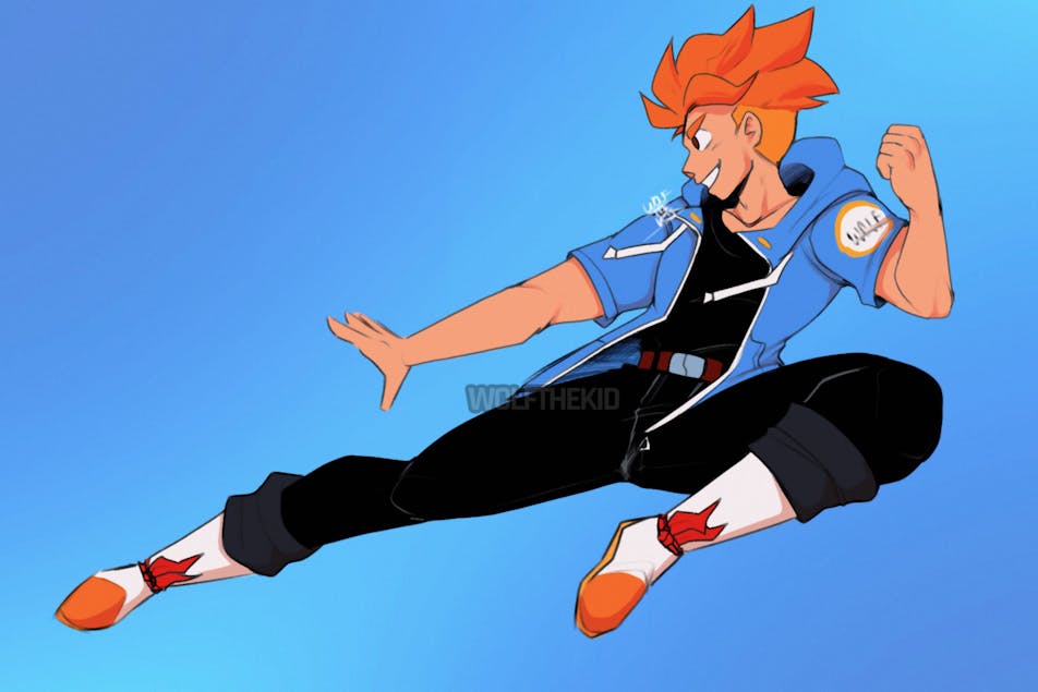 A digital drawing of my OC Wolf, a young man with orange hair wearing a light blue jacket with a dark shirt and pants. He jumps on the air with a kick. 