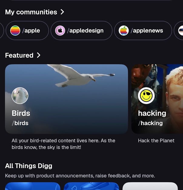 Screenshot in dark mode showing the Birds community feature on Digg