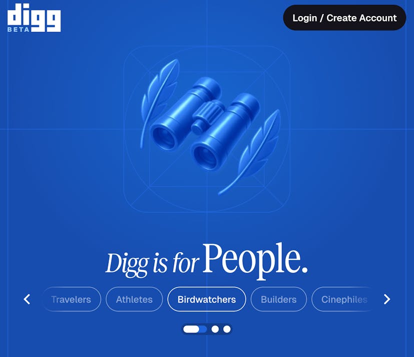 Screenshot of the About Digg website. In large text it reads "Digg is for People". A carousel of text underneath includes "Birdwatchers"