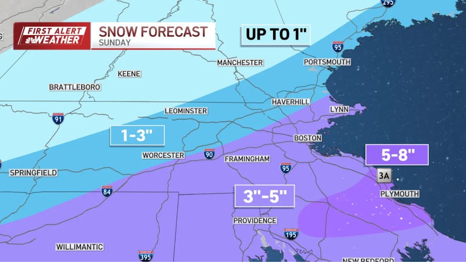 Snow prediction map of Boston Metro Area for January 18, 2026.