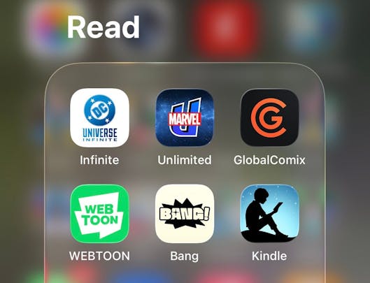 Screenshot of an iOS folder filled with digital comicbook apps, including Marvel Unlimited, DC Universe Infinite, and others. 
