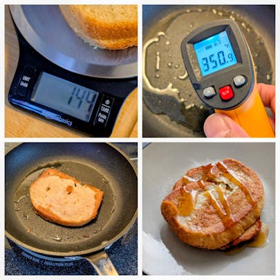 This is a four-picture collage showing me making sweetened french toast. There is a weigh scale 144g. There's a digital thermometer showing the heat of the pan 350F, and finally the French toast