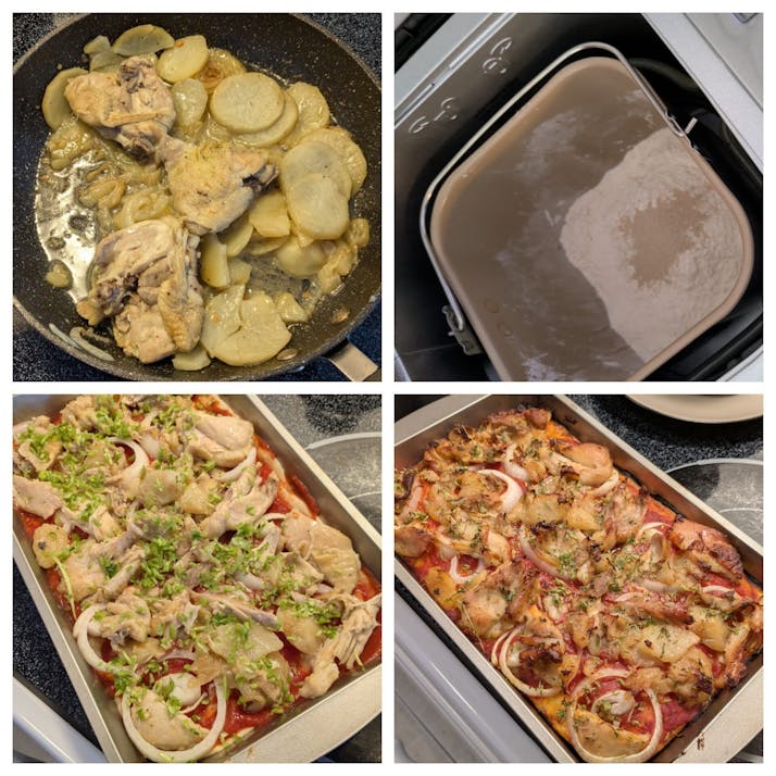 A four-image collage showing the step-by-step process of making a homemade pizza using leftover chicken and potatoes.