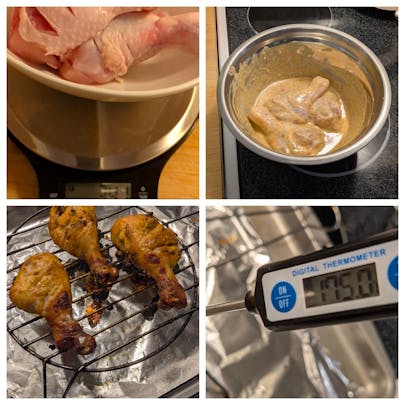 Process collage: Slashed 341g drumsticks weighed, marinated in spiced yogurt, roasted on a wire rack, and hit a perfect 175°F final temp.