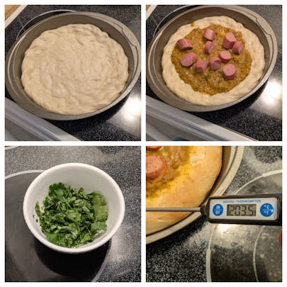 Steps showing dough pressed into a pan, topped with daal and wieners, fresh chopped cilantro, and a digital thermometer reading 203.5°F.