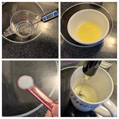 Collage showing warm water at 100.3°F, melted butter, salt on a measuring spoon, and a handheld frother mixing the liquids in a mug.