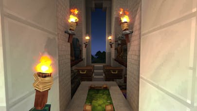 Marble wireframe structure with a "plus" shape. In one branch, there are chests, the opposite a green Kweebec bed, and the others crafters.