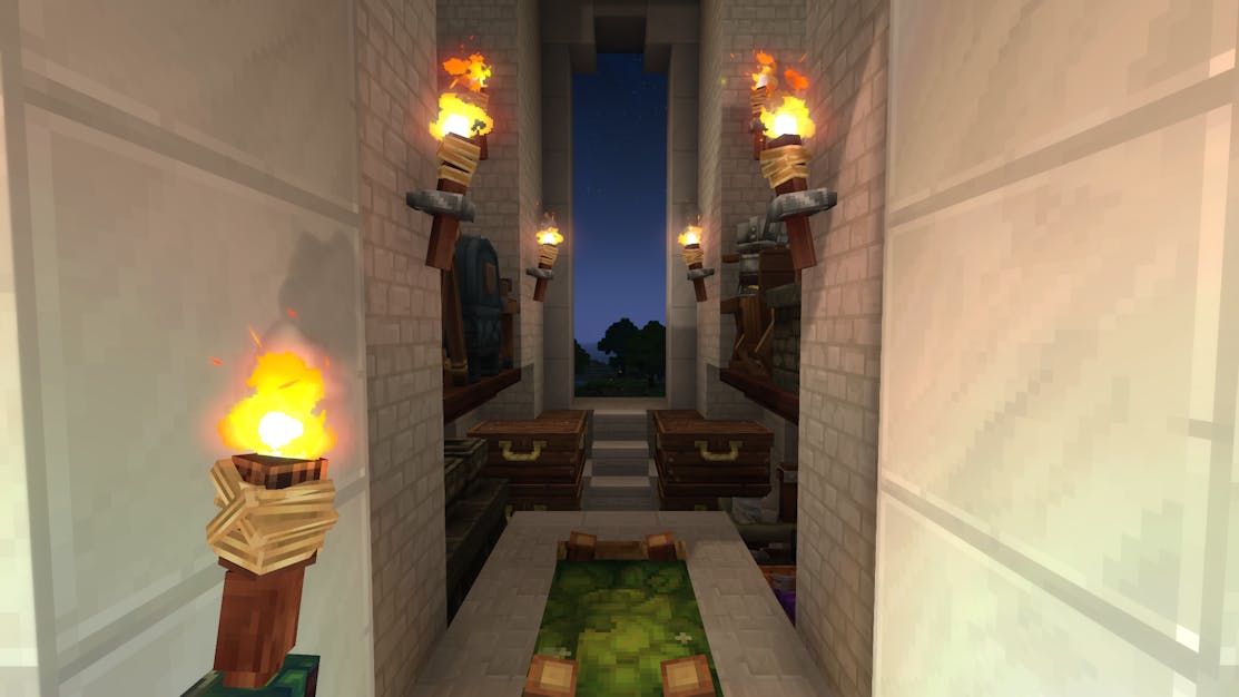 Marble wireframe structure with a "plus" shape. In one branch, there are chests, the opposite a green Kweebec bed, and the others crafters.