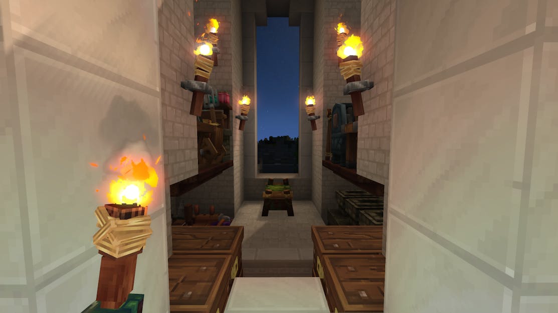 Marble wireframe structure with a "plus" shape. In one branch, there are chests, the opposite a green Kweebec bed, and the others crafters.