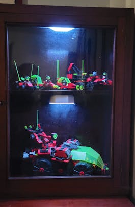 M:Tron sets! Top shelf, from left to right: Mobile Satellite Uplink, Beacon Tracer, Pulsar Charger, Vector Detector, Celestial Forager. Bottom shelf: Mega Core Magnetizer.