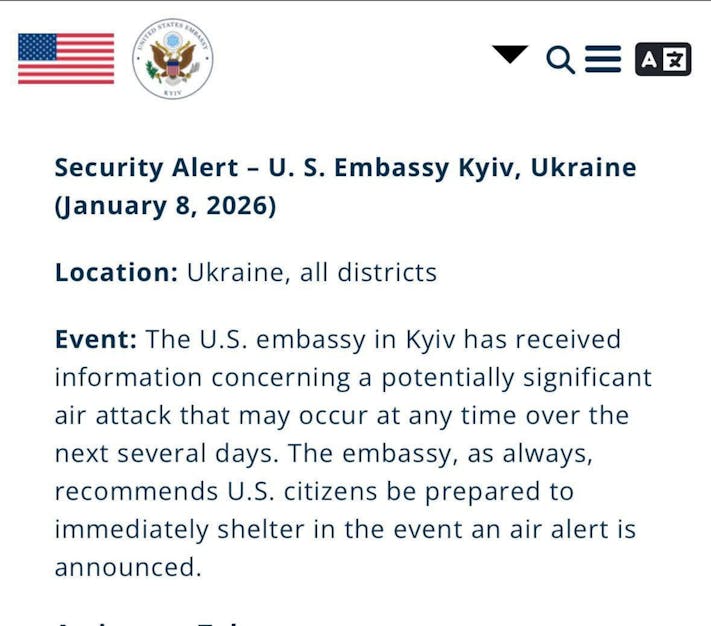 U.S. Embassy Kyiv security alert warns of potential air attacks; advises citizens to prepare for immediate shelter.