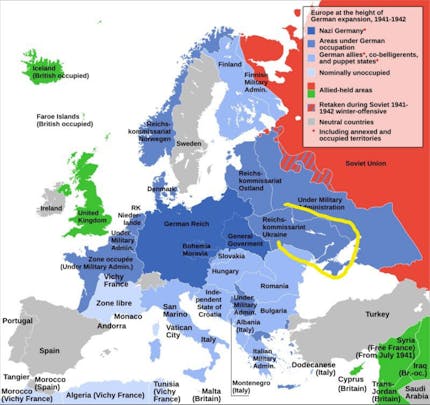 Map depicting Europe during 1941-1942, showing Nazi Germany's expansion, occupied territories, and allied-controlled areas. Created by Goran tek-en on Wikipedia 