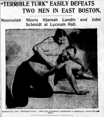 Terrible Turk easily defeats two men in East Boston. Boston Post 1901