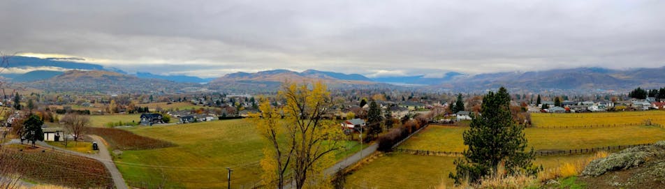 Yellow and green rural landscape with mountains and lakes in the backdrop. 