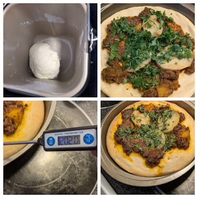 This Is a four-picture collage of me making beef curry pizza. There's pizza dough, a meat thermometer, approximately 200 Fahrenheit, and the pre and final beef curry pizza.