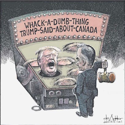 A person stands at a "Whack-a-Dumb-Thing" game featuring heads popping up, humorously critiquing controversial statements about Canada.