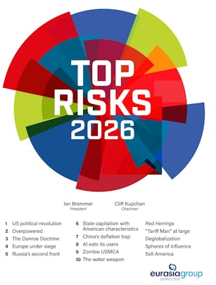 Graphic titled "Top Risks 2026" lists potential global risks and challenges, featuring key figures Ian Bremmer and Cliff Kupchan.