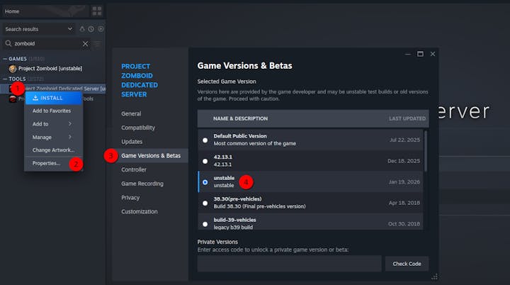 Steps to download unstable branch of dedicated server.
