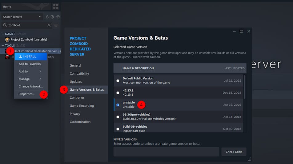 Steps to download unstable branch of dedicated server.