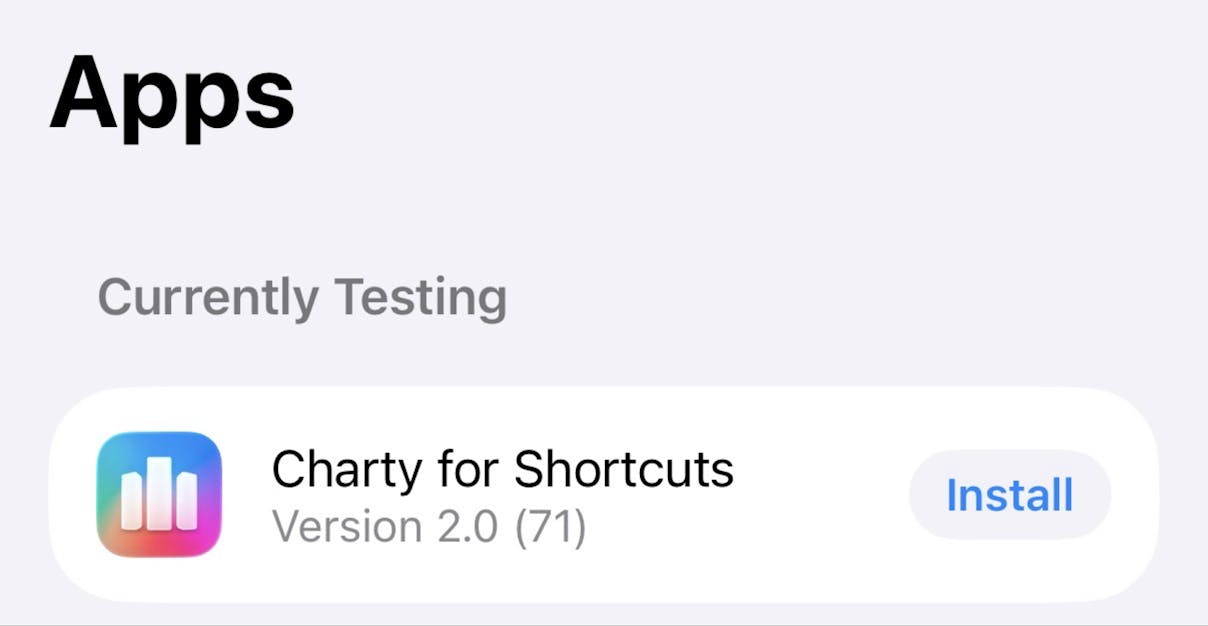 TestFlight screenshot showing the first beta build for Charty 2.0