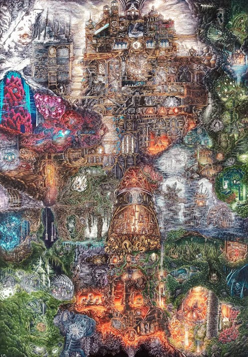 A colored ink drawing of the map of Farloom from Hollow Knight: Silksong