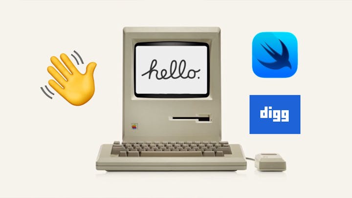 A fun mishmash of a waving hand emoji, the SwiftUI logo, and the Digg logo, all displayed alongside a vintage Apple desktop computer displaying the iconic “hello” screensaver.