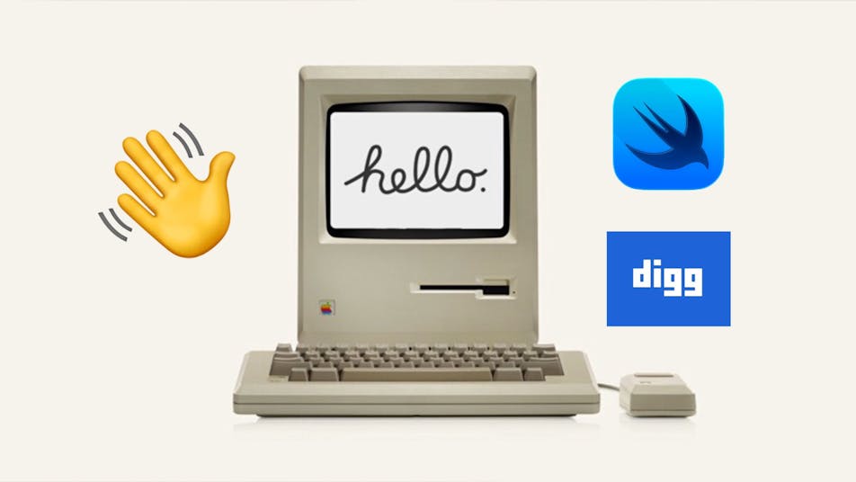 A fun mishmash of a waving hand emoji, the SwiftUI logo, and the Digg logo, all displayed alongside a vintage Apple desktop computer displaying the iconic “hello” screensaver.
