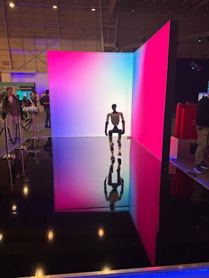 Humanoid robot in the restricted area, where people move and watch outside that restricted zone.